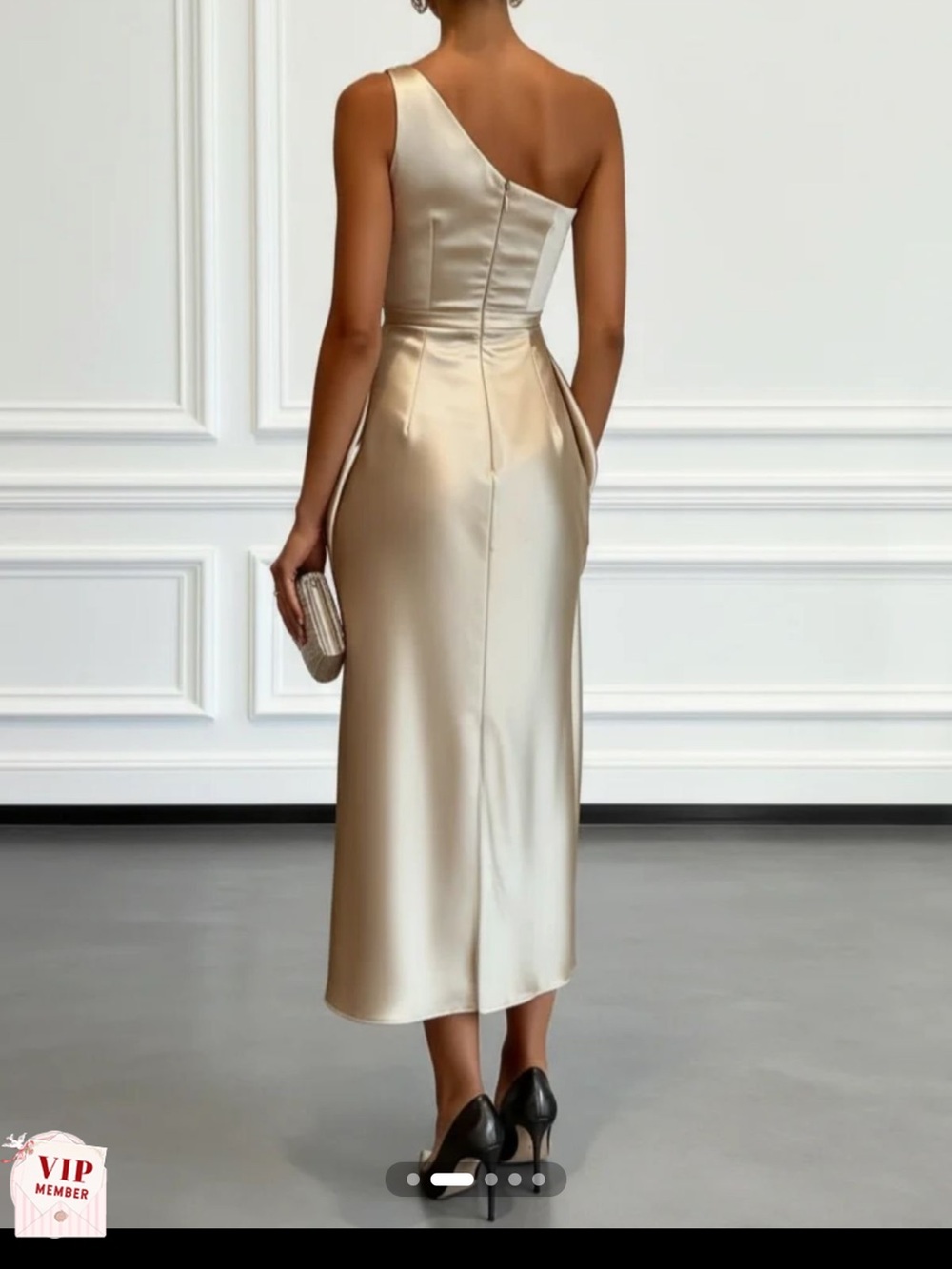 Fehaute Fehaute Champagne Ruched Satin One Shoulder Sleeveless Sheath Midi Dress - Picture 2 of 5